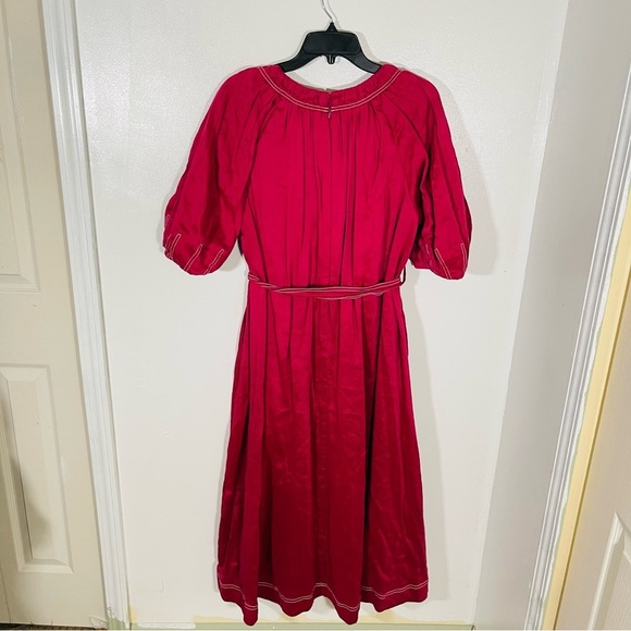 NEW Aje Rebellion Midi Dress Puff Sleeve Embroidered Silk Linen Blend Red Wine - Picture 9 of 11